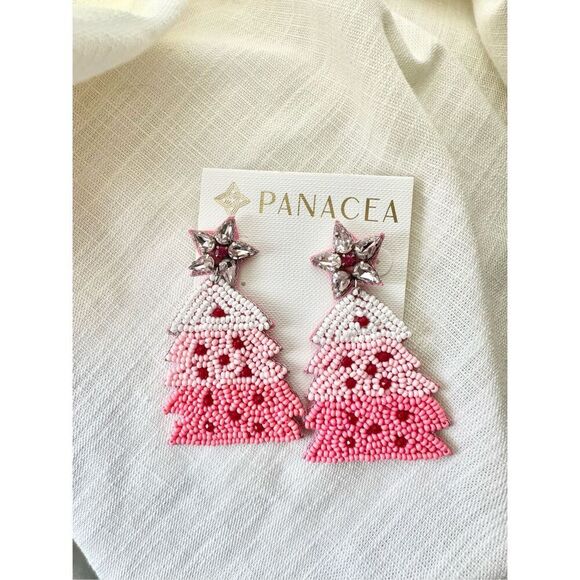 Panacea shades of light and hot pink Christmas tree bearded dangle earrings - Picture 2 of 2